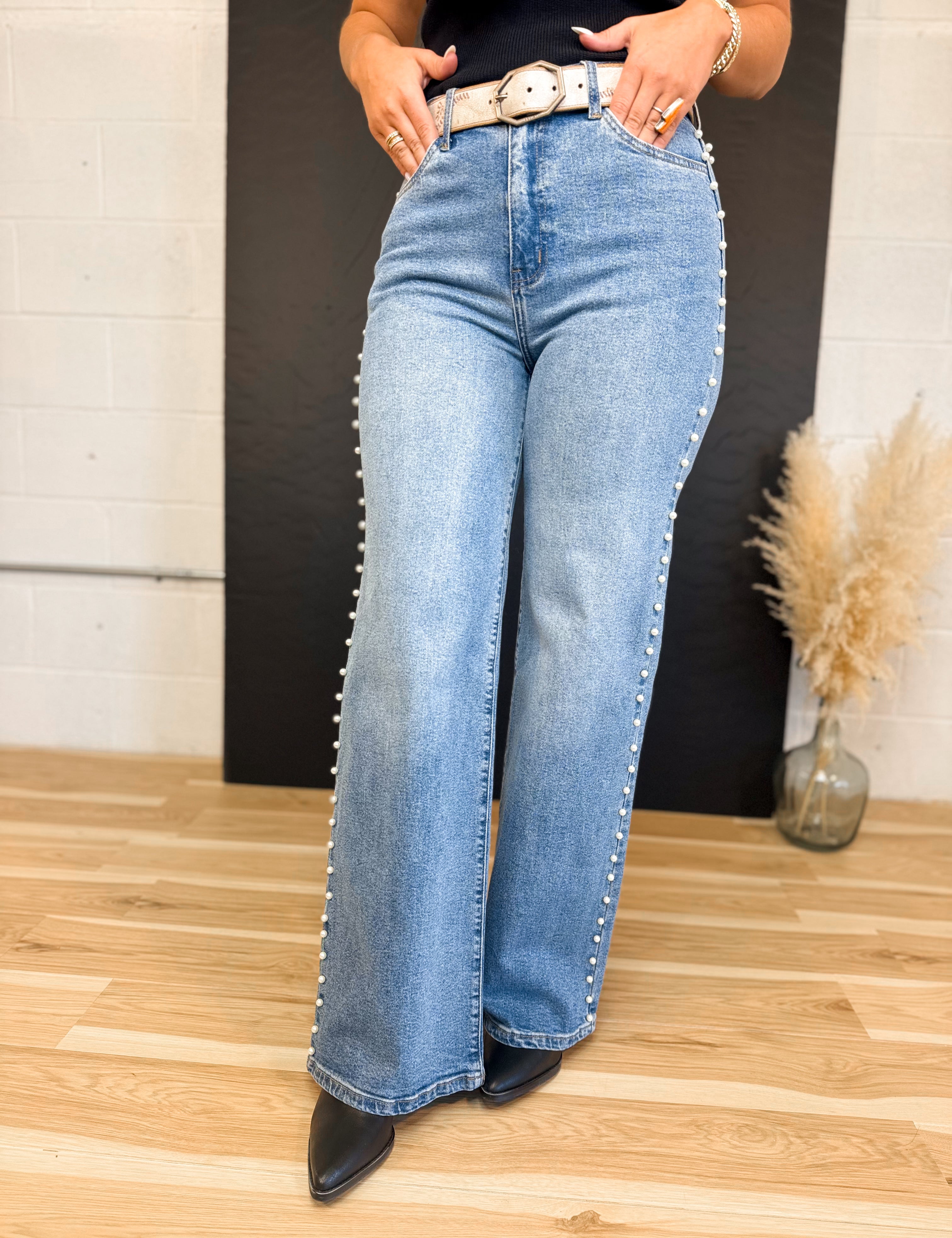 Pearl Detail High-Rise Wide Leg Jeans - Medium - Lace and Grace Boutique