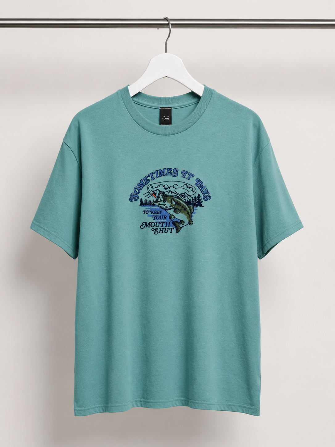 Embroidered Bass Fish Graphic Tee - Teal - Lace and Grace Boutique