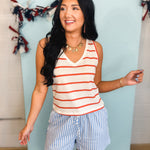 Striped Knit V-Neck Tank Top - Cherry/Cream - Lace and Grace Boutique