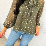 Polka Dot Tie Neck Chiffon Blouse - Dark Sage
