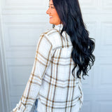 Washed Plaid Fringe Hem Button Down Top - Vintage White