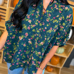 Oversized Floral Print Button Up Blouse - Deep Olive - Lace and Grace Boutique
