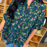 Oversized Floral Print Button Up Blouse - Deep Olive - Lace and Grace Boutique