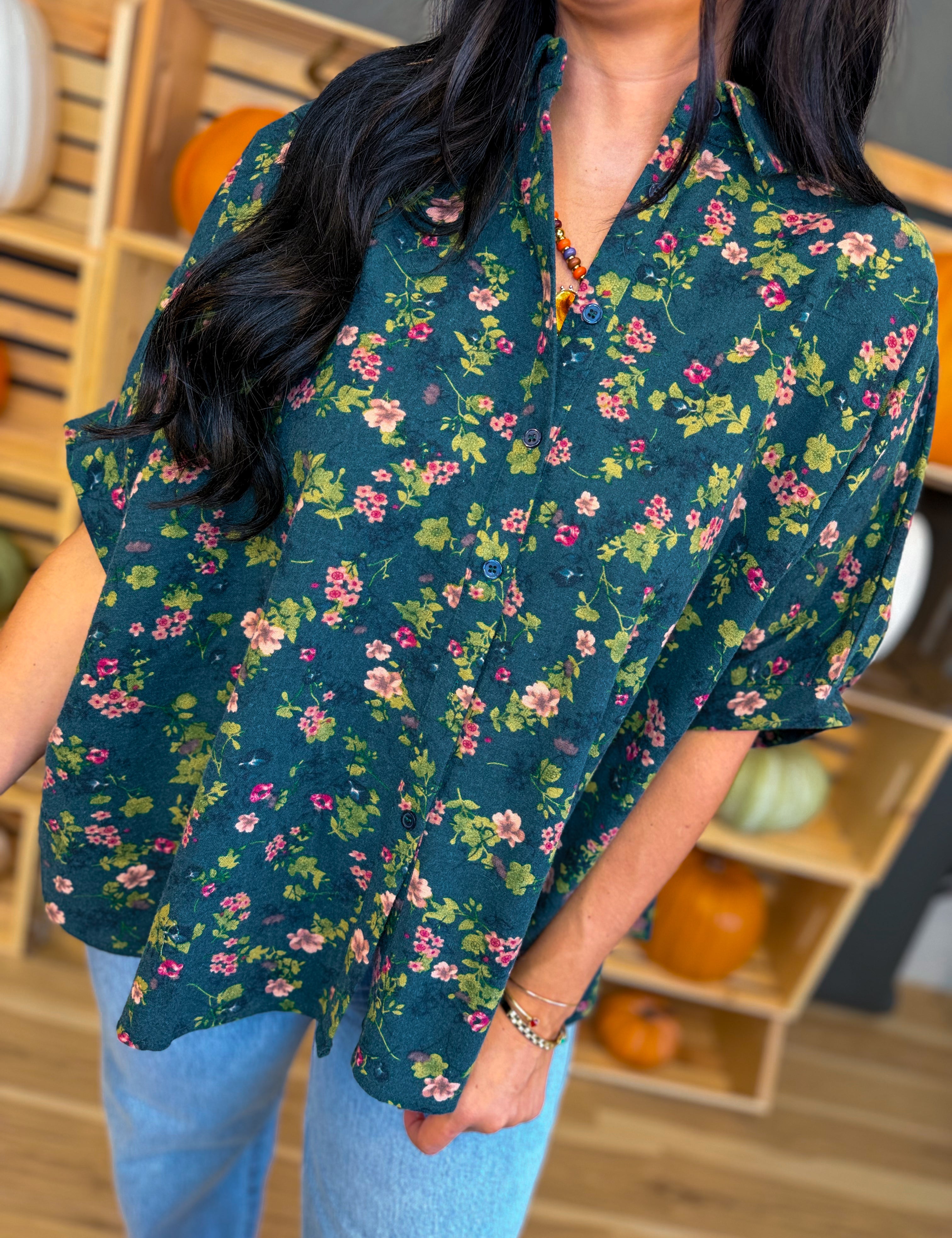 Oversized Floral Print Button Up Blouse - Deep Olive - Lace and Grace Boutique