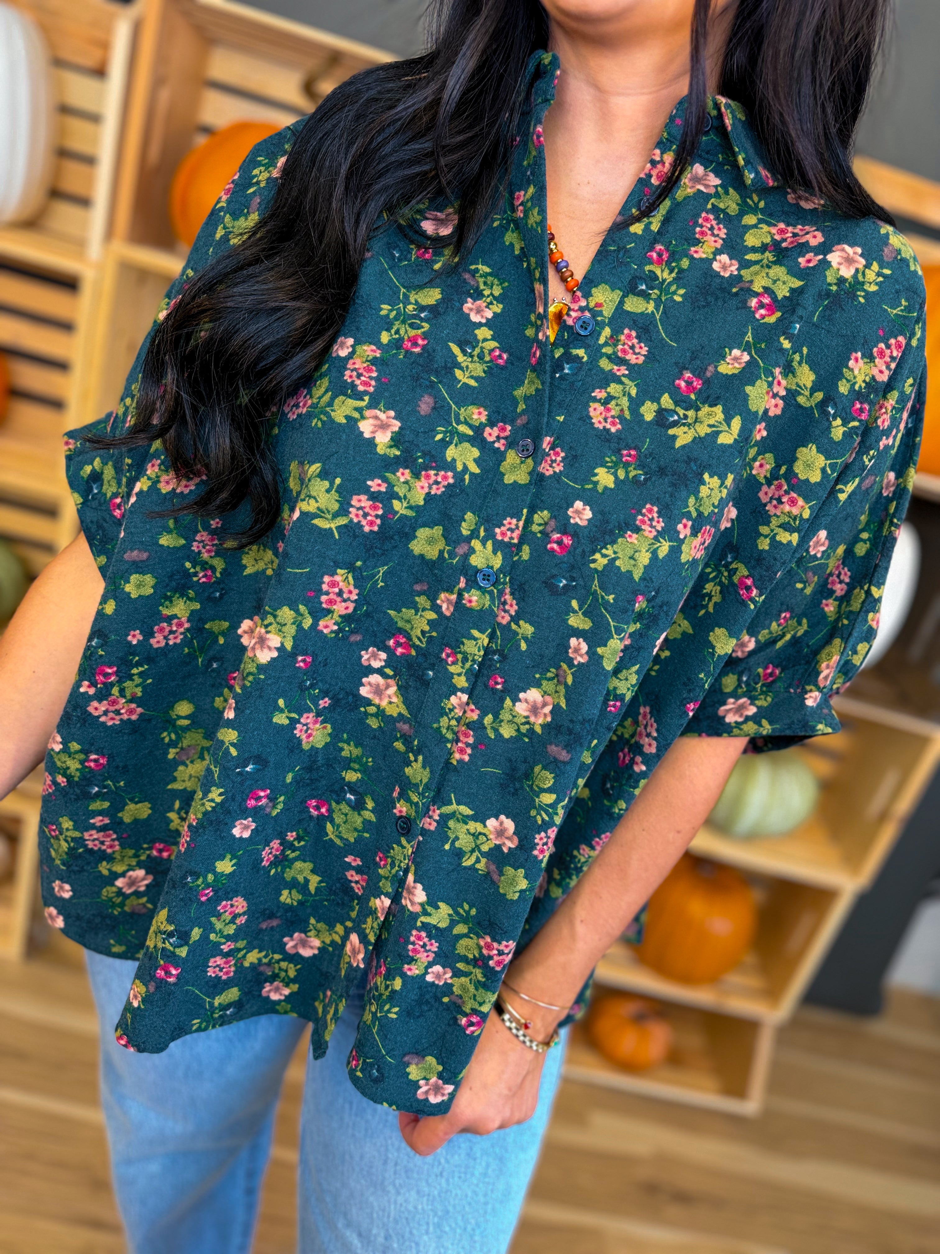 Oversized Floral Print Button Up Blouse - Deep Olive - Lace and Grace Boutique