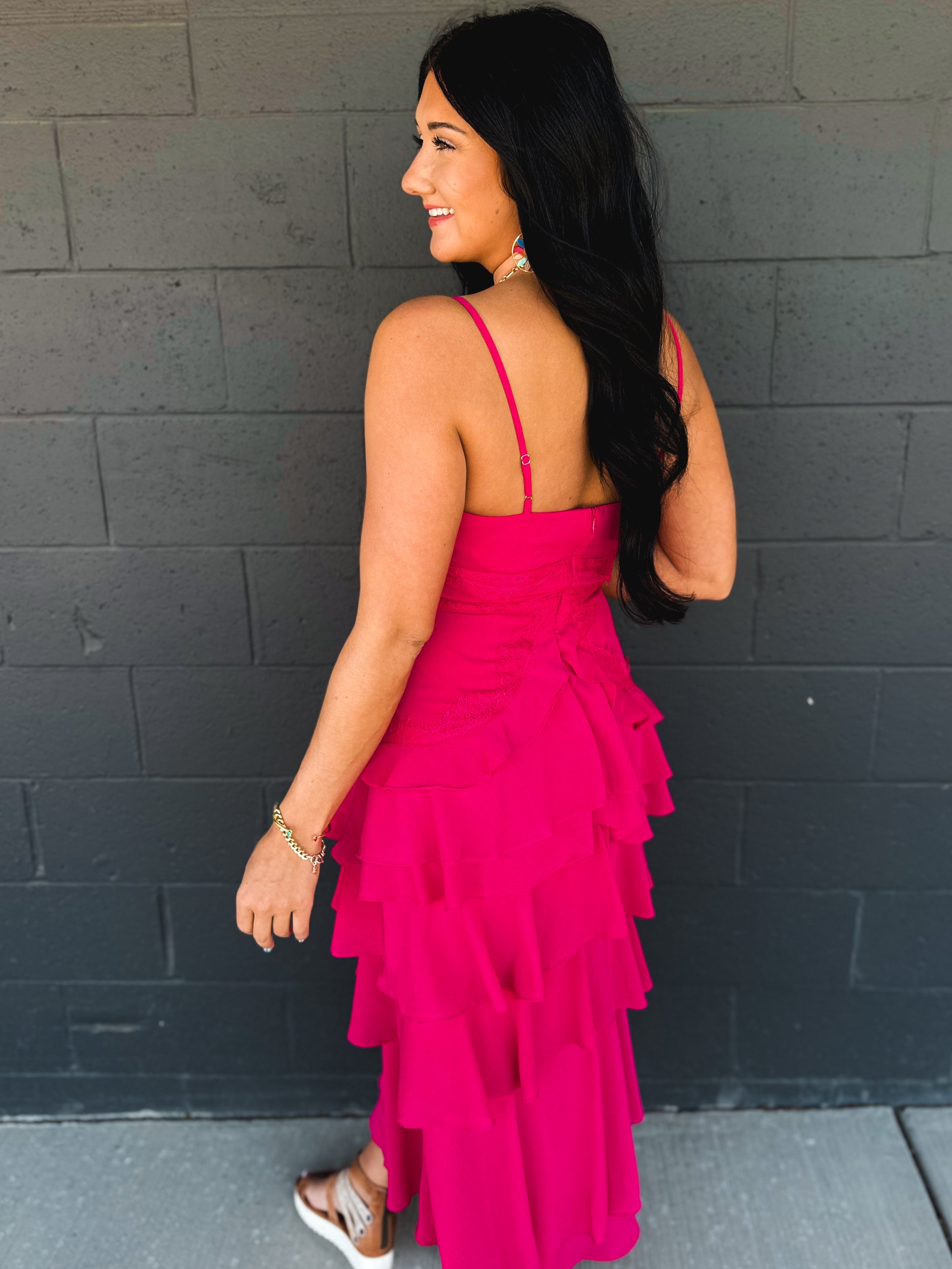 Lace Trim Tiered Midi Dress - Hot Pink - Lace and Grace Boutique