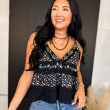 POL Floral Embroidered Flared Tank Top - Black - Lace and Grace Boutique