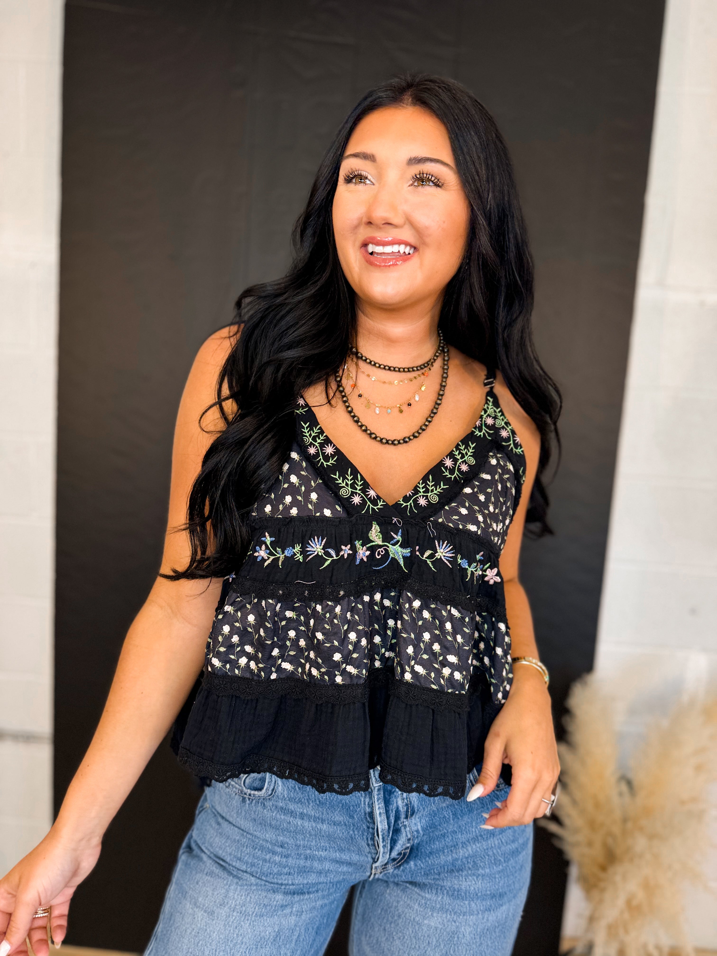 POL Floral Embroidered Flared Tank Top - Black - Lace and Grace Boutique