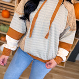 Striped Color Block Quilted Hoodie - Mocha/Taupe - Lace and Grace Boutique