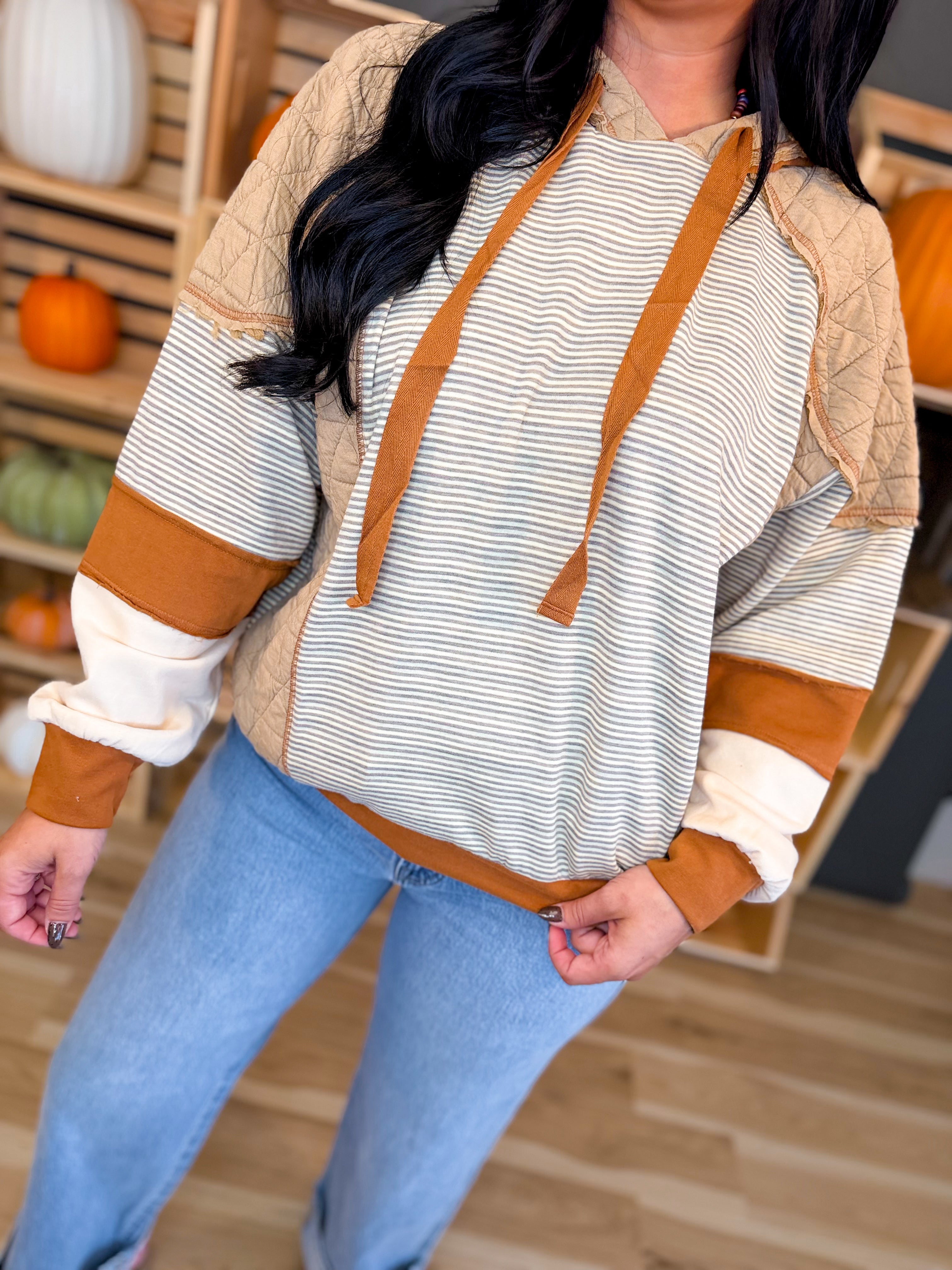 Striped Color Block Quilted Hoodie - Mocha/Taupe - Lace and Grace Boutique