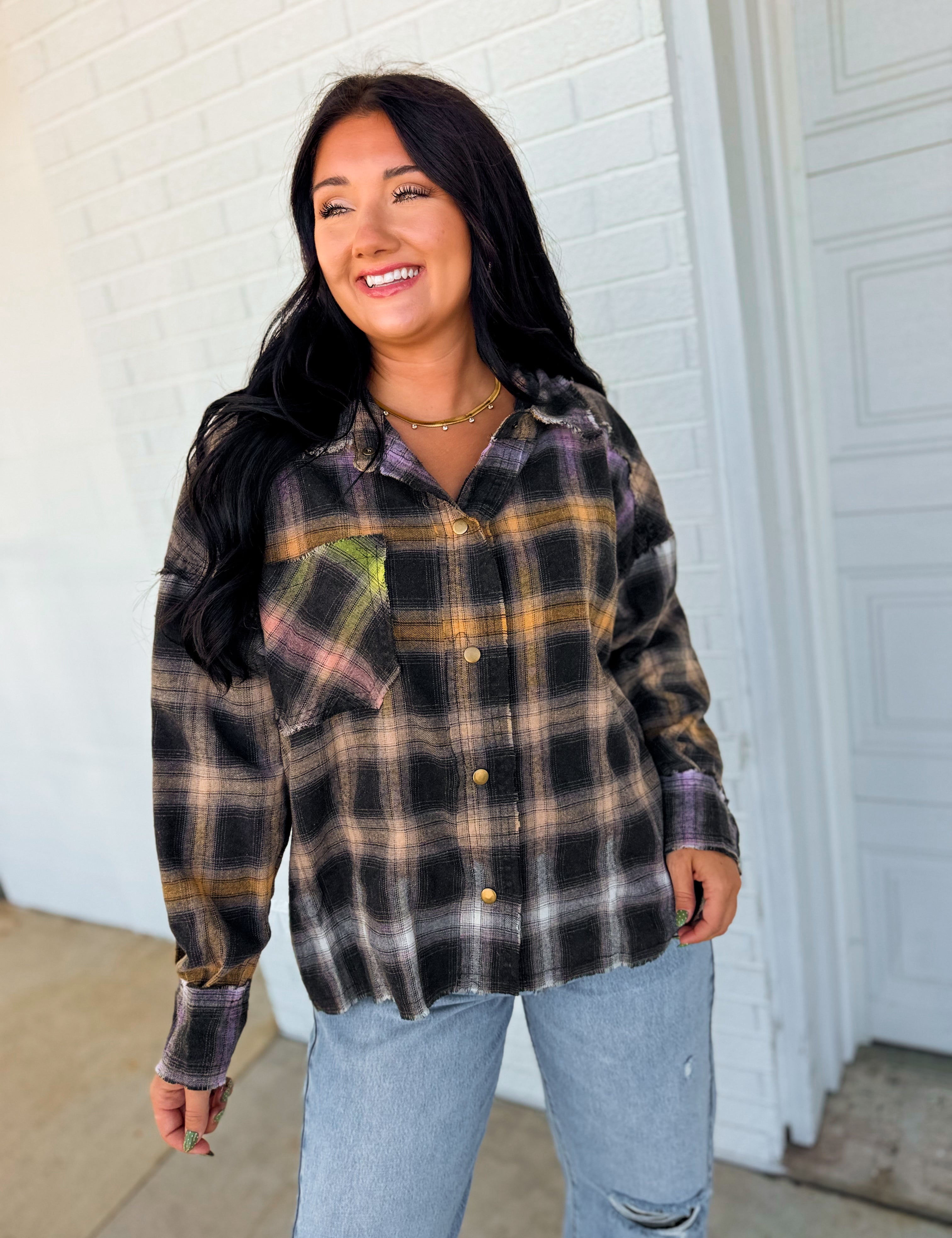 Multicolor Plaid Button Down Shirt - Black Multi - Lace and Grace Boutique
