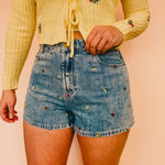 Flower Embroidered High-Rise Denim Shorts - Lace and Grace Boutique