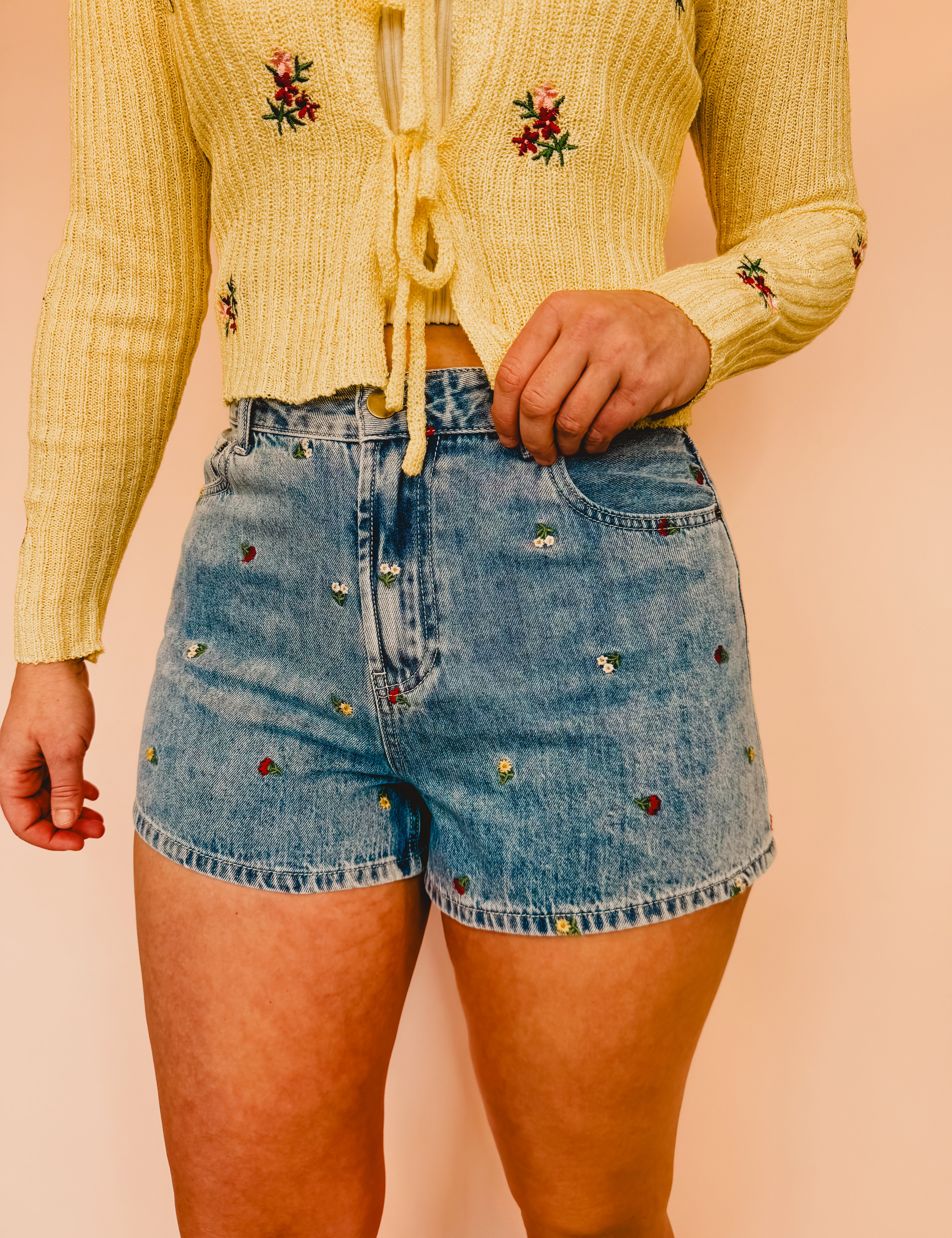 Flower Embroidered High-Rise Denim Shorts - Lace and Grace Boutique