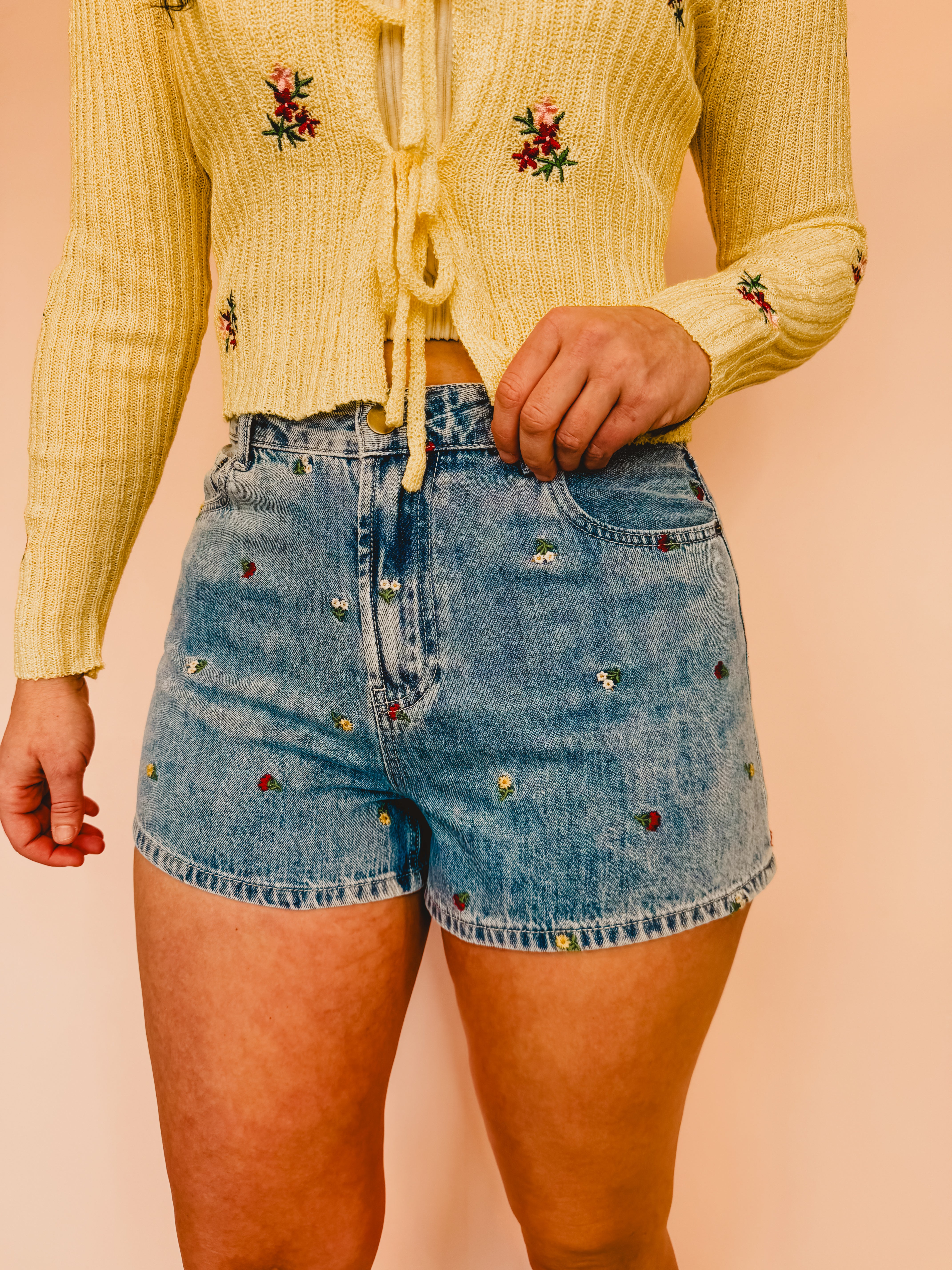 Flower Embroidered High-Rise Denim Shorts - Lace and Grace Boutique