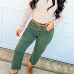 Barrel Leg Low Rise Crop Denim Pants - Dark Olive - Lace and Grace Boutique