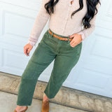 Barrel Leg Low Rise Crop Denim Pants - Dark Olive - Lace and Grace Boutique
