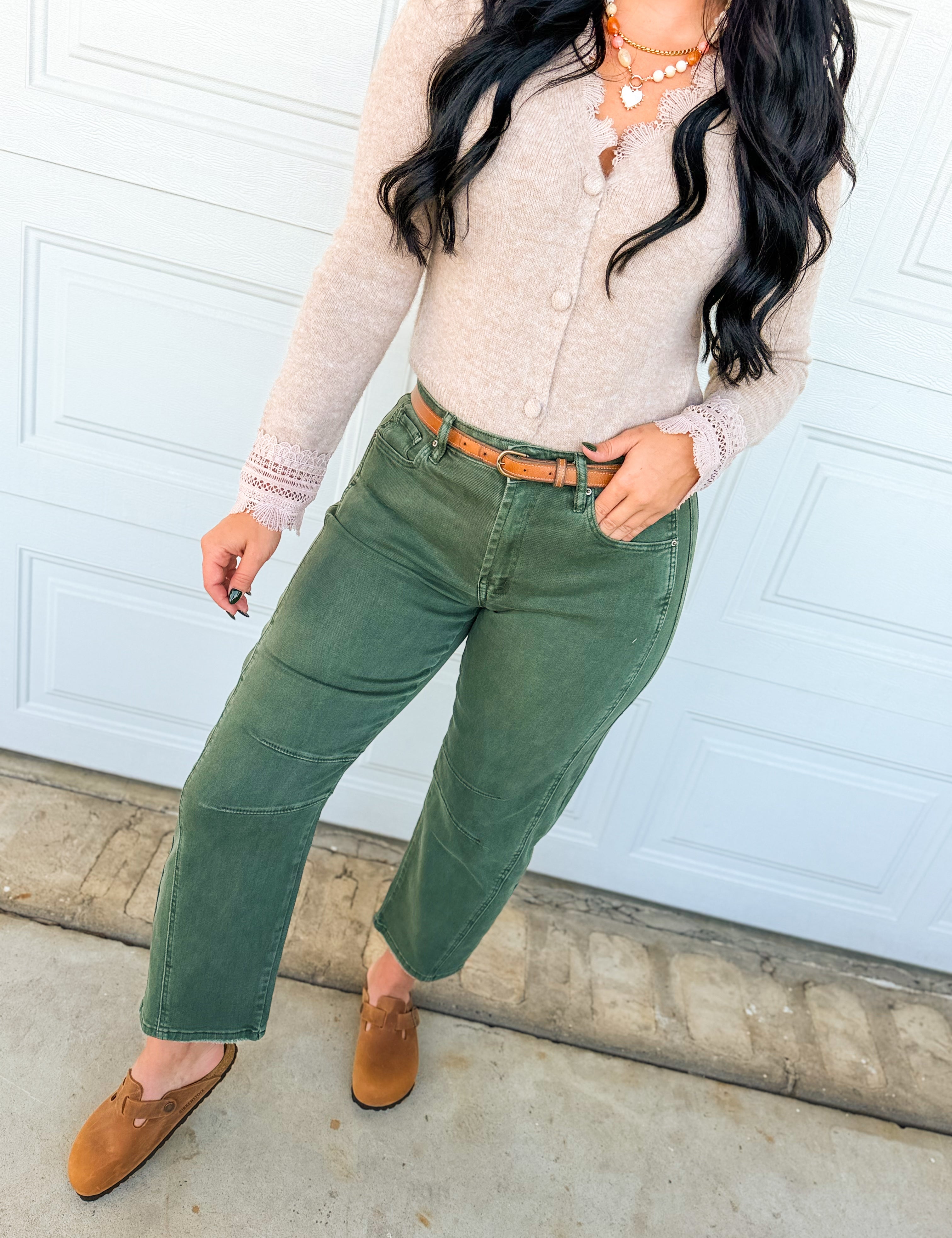 Barrel Leg Low Rise Crop Denim Pants - Dark Olive - Lace and Grace Boutique