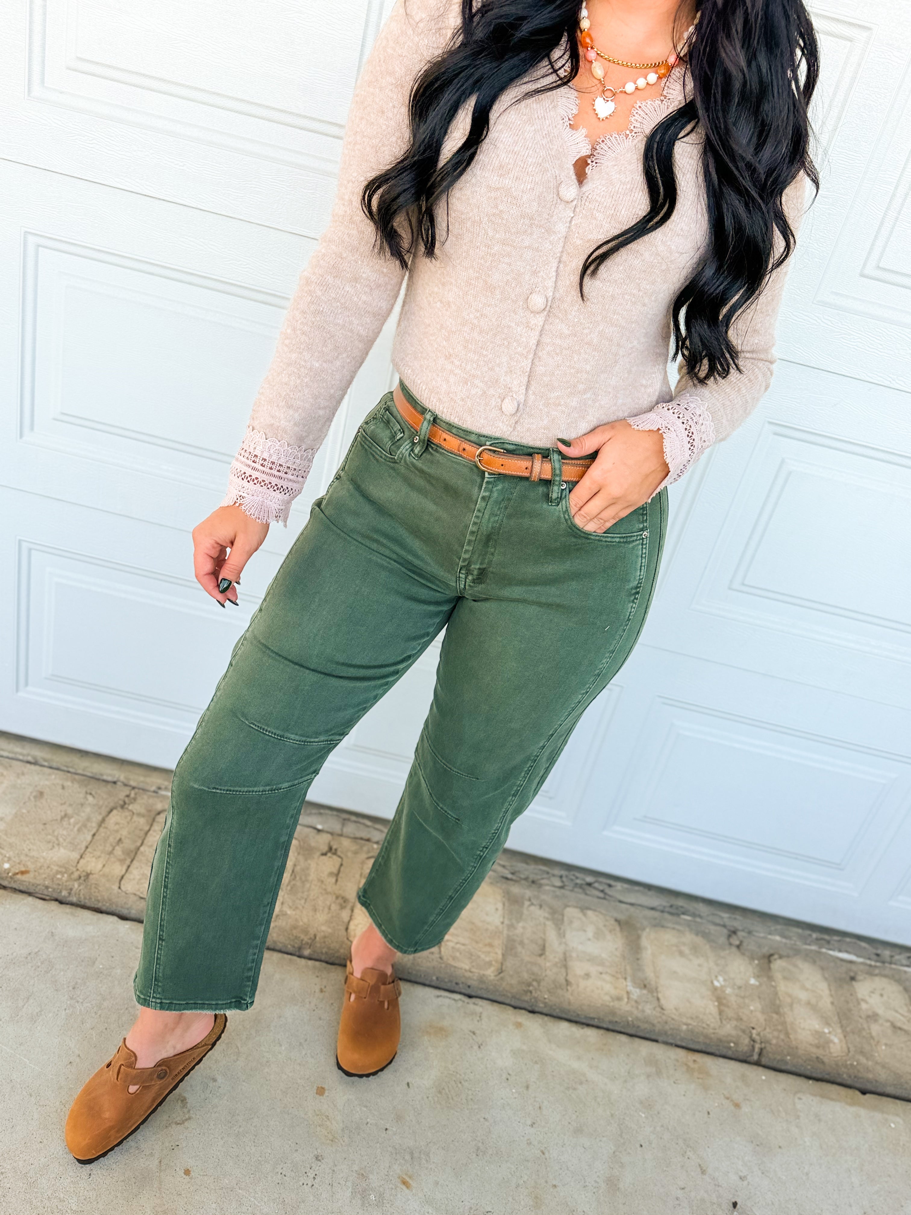 Barrel Leg Low Rise Crop Denim Pants - Dark Olive - Lace and Grace Boutique