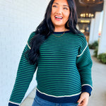 Striped Contrast Trim Knit Sweater - Navy/Green - Lace and Grace Boutique