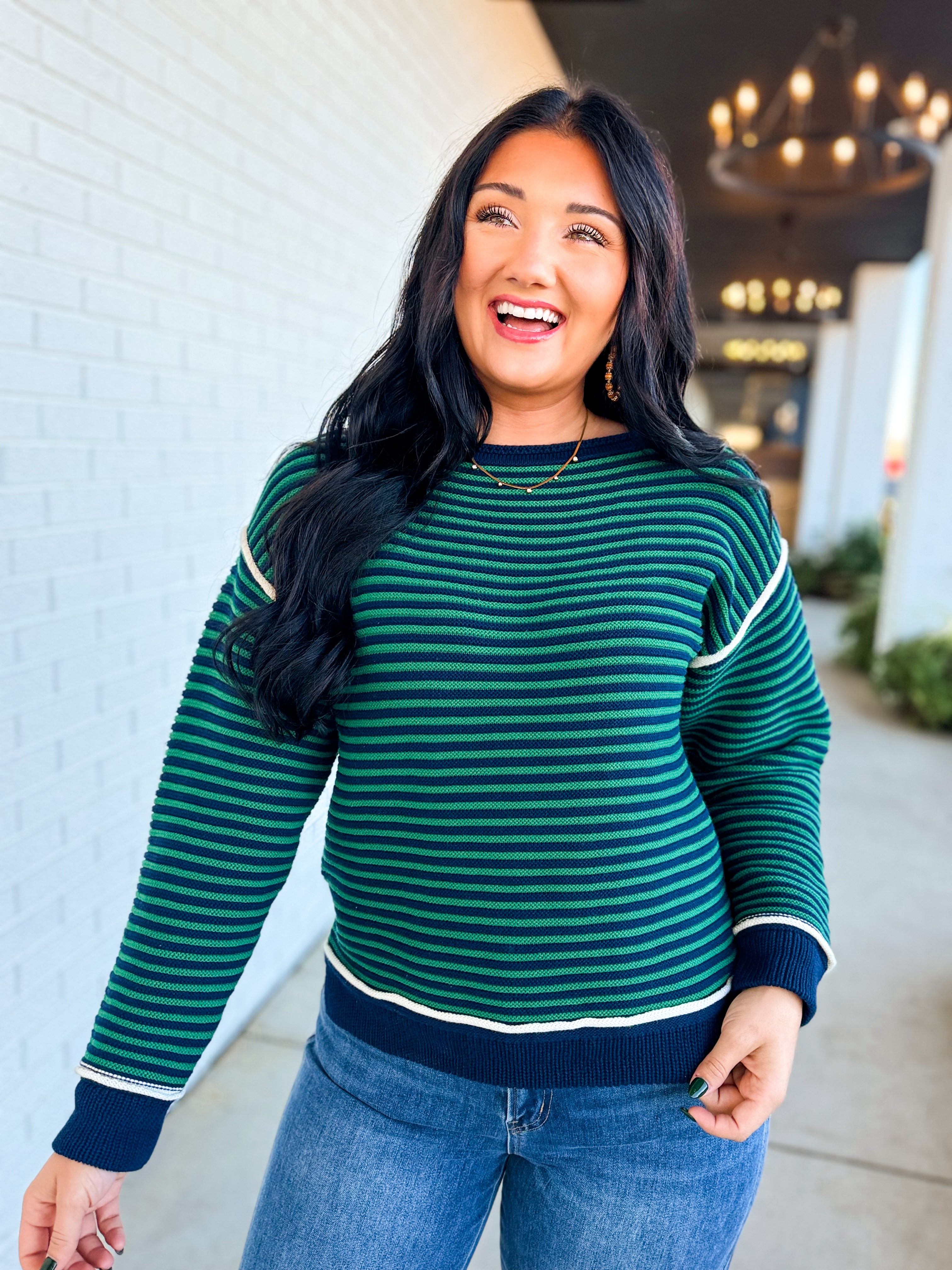 Striped Contrast Trim Knit Sweater - Navy/Green - Lace and Grace Boutique