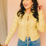 Front Tie Knit Detail Sweater Cardigan - Light Yellow - Lace and Grace Boutique