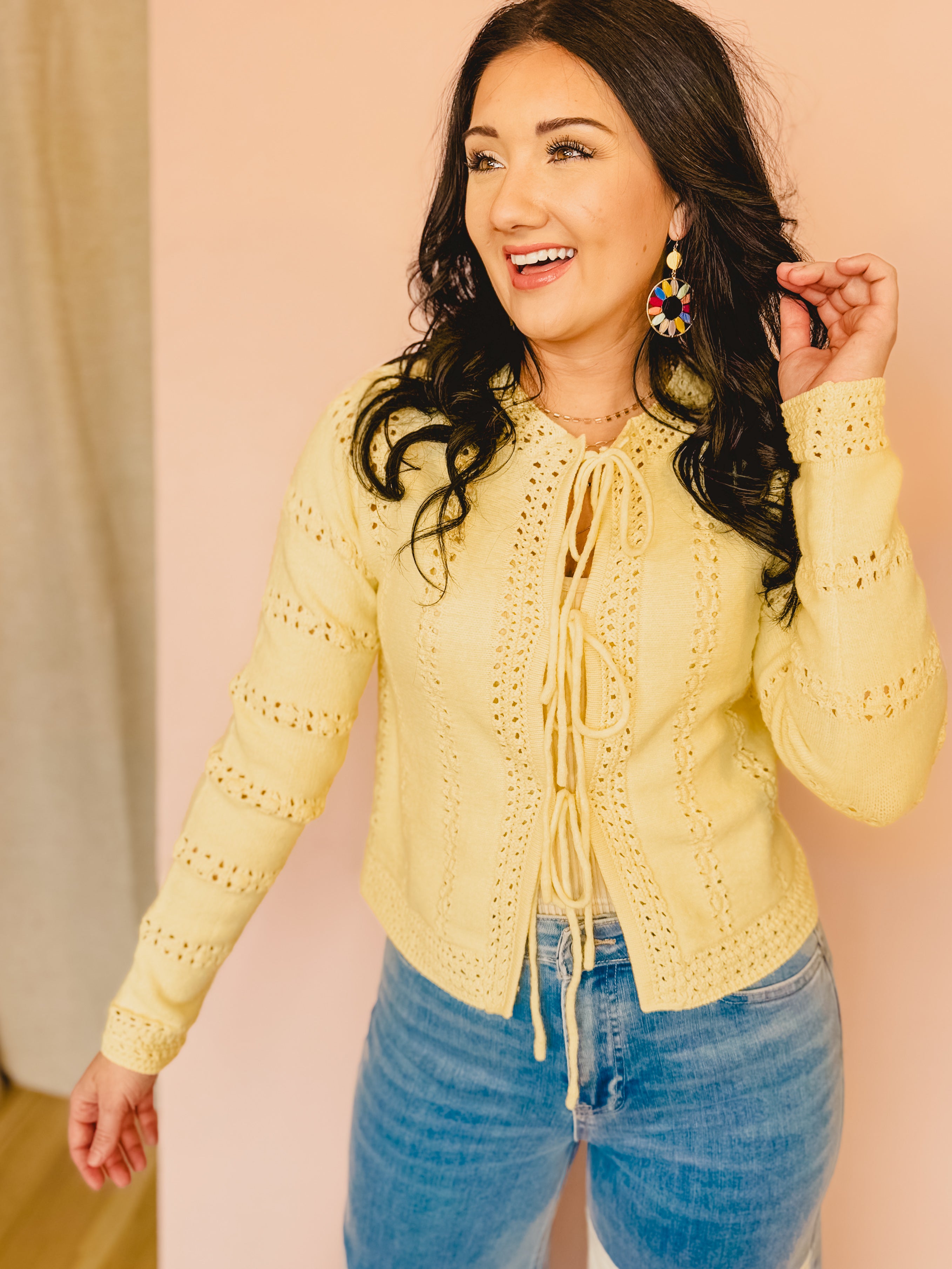Front Tie Knit Detail Sweater Cardigan - Light Yellow - Lace and Grace Boutique