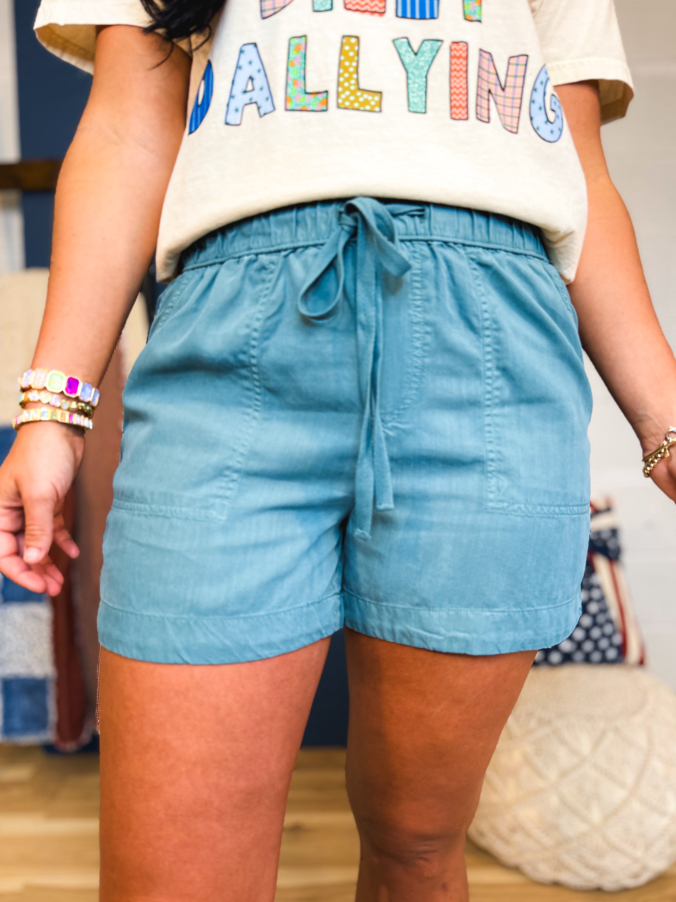High Rise Drawstring Tencel Shorts - Sea Green - Lace and Grace Boutique