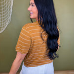 Striped Cotton Linen Short Sleeve Top - Camel/White - Lace and Grace Boutique