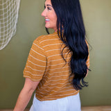 Striped Cotton Linen Short Sleeve Top - Camel/White - Lace and Grace Boutique