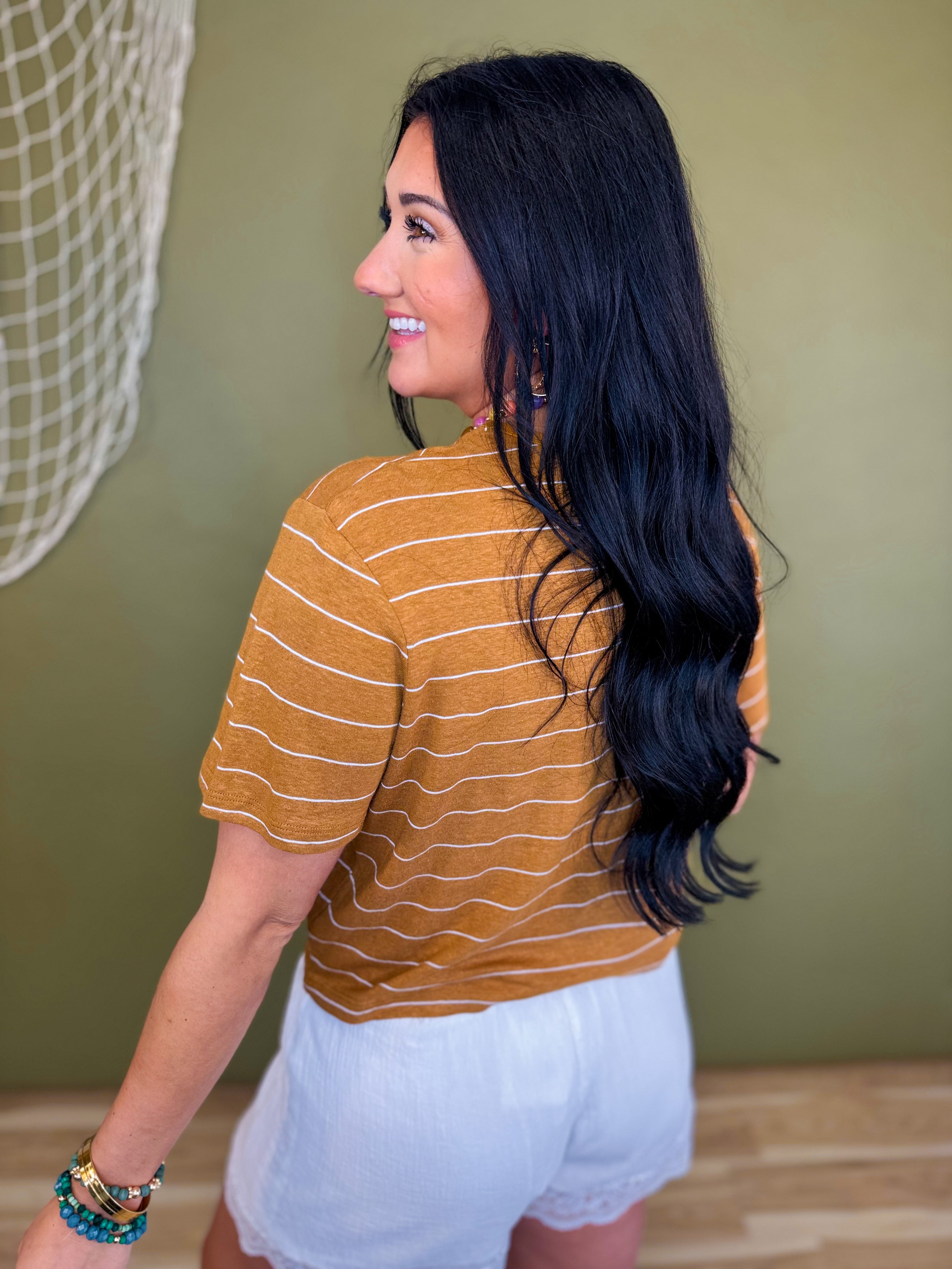 Striped Cotton Linen Short Sleeve Top - Camel/White - Lace and Grace Boutique