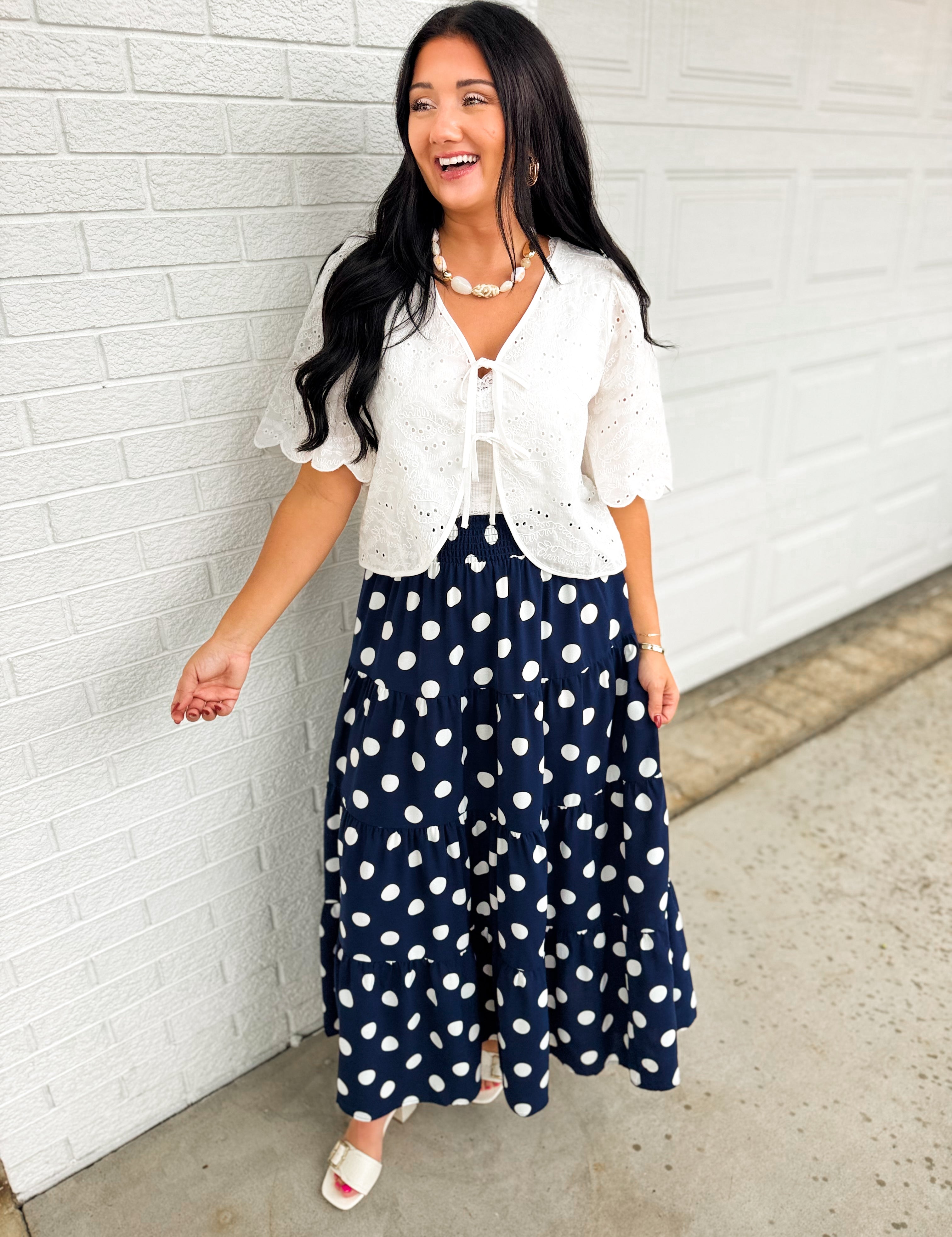 Tiered Polka Dot Maxi Skirt - Navy/White - Lace and Grace Boutique