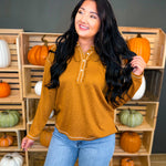 Washed Ribbed Henley Jersey Knit Top - Burnt Caramel - Lace and Grace Boutique