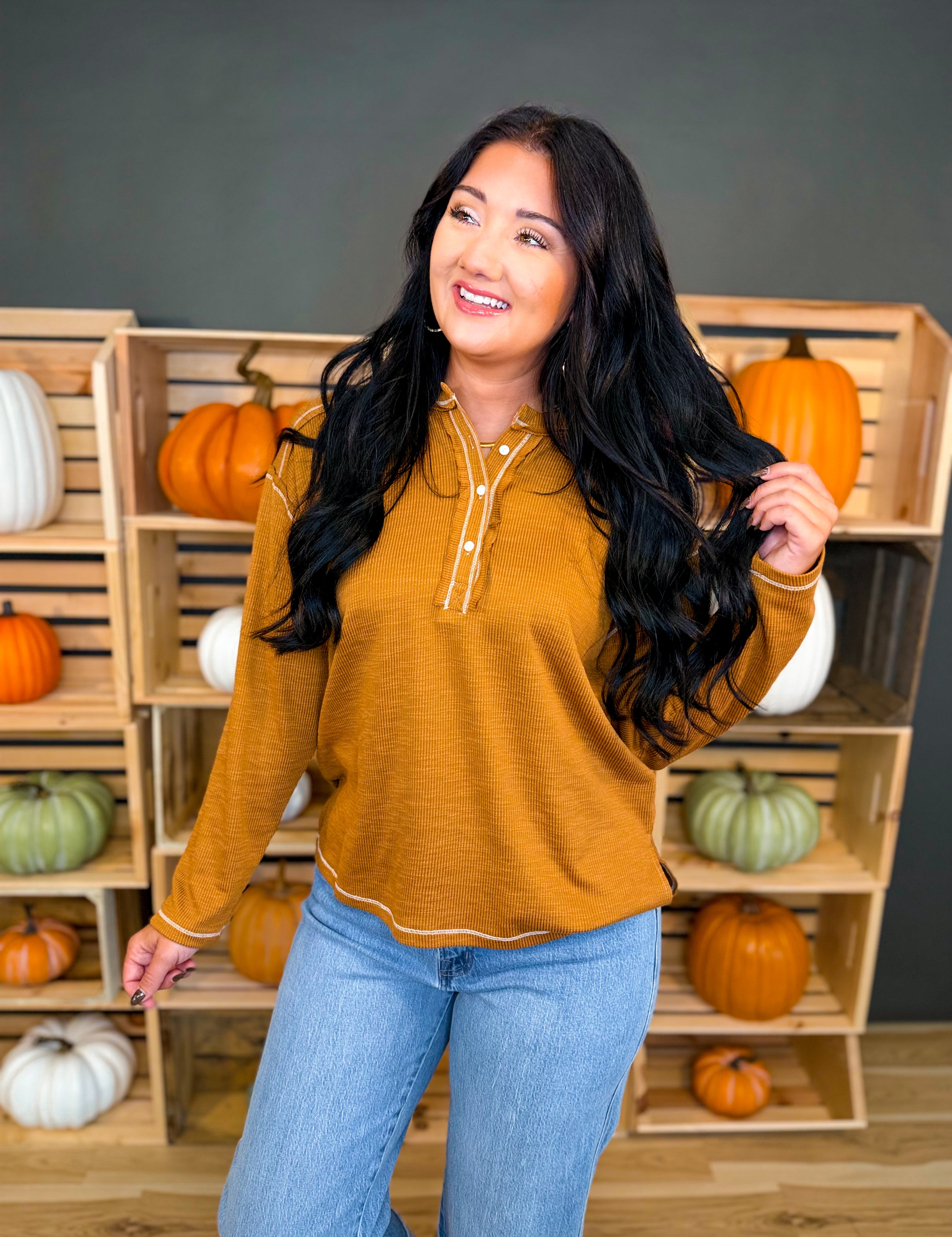 Washed Ribbed Henley Jersey Knit Top - Burnt Caramel - Lace and Grace Boutique