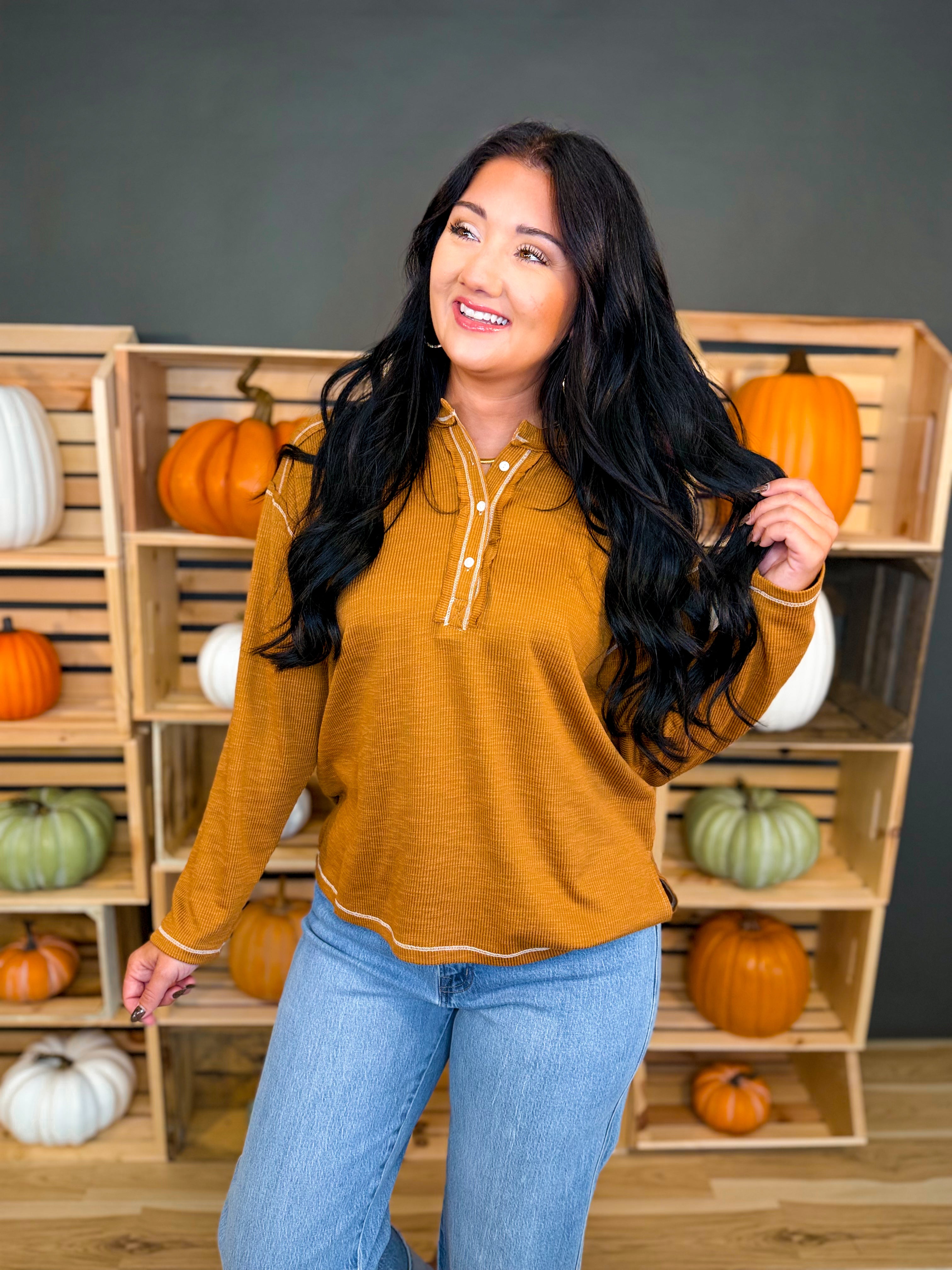 Washed Ribbed Henley Jersey Knit Top - Burnt Caramel - Lace and Grace Boutique