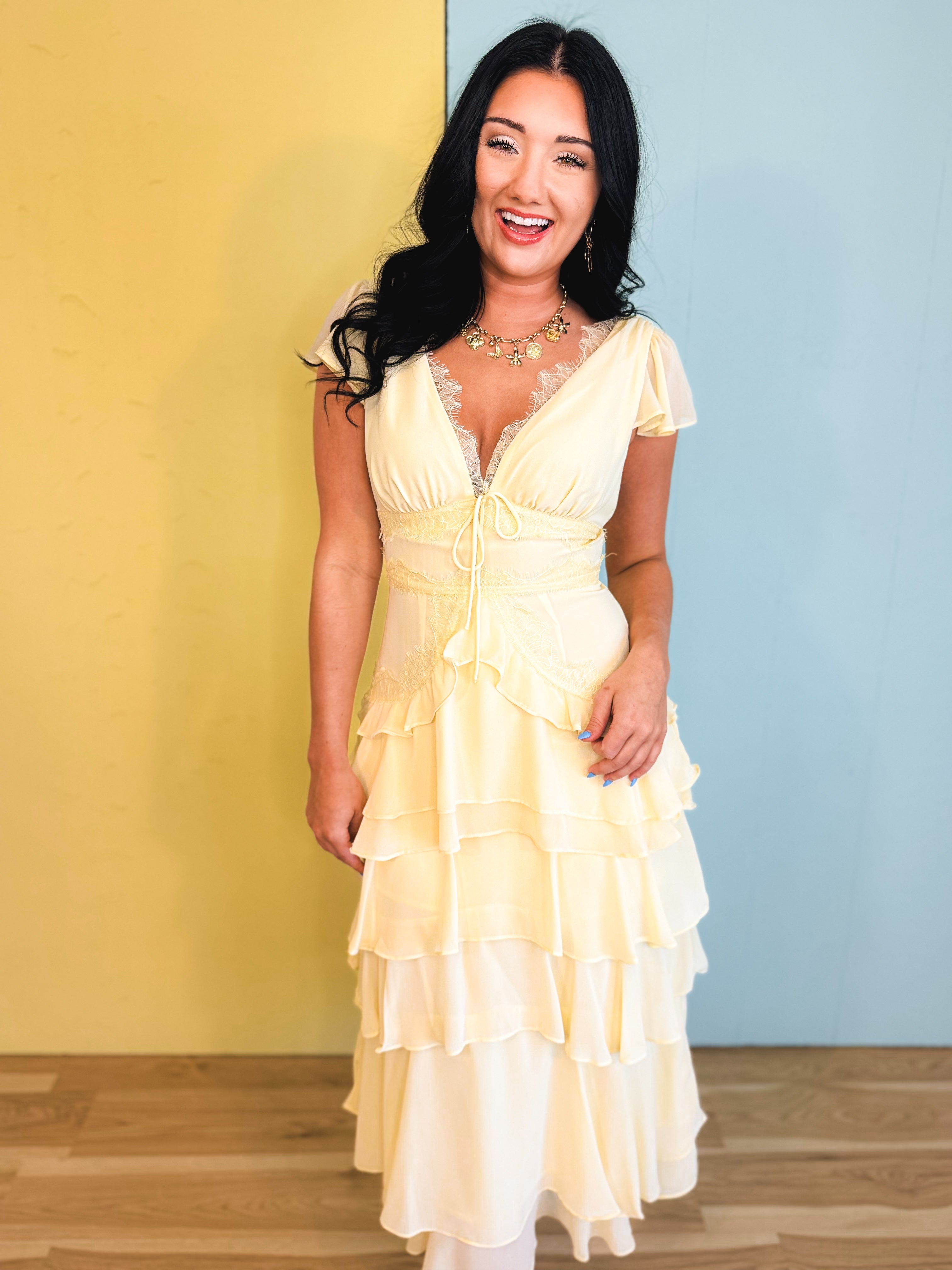 Tiered Ruffle Midi Dress - Yellow - Lace and Grace Boutique