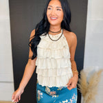 Tiered Ruffle Textured Knit Halter Top - Natural - Lace and Grace Boutique