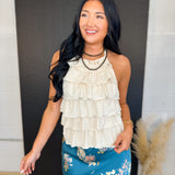 Tiered Ruffle Textured Knit Halter Top - Natural - Lace and Grace Boutique