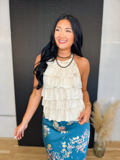Tiered Ruffle Textured Knit Halter Top - Natural - Lace and Grace Boutique