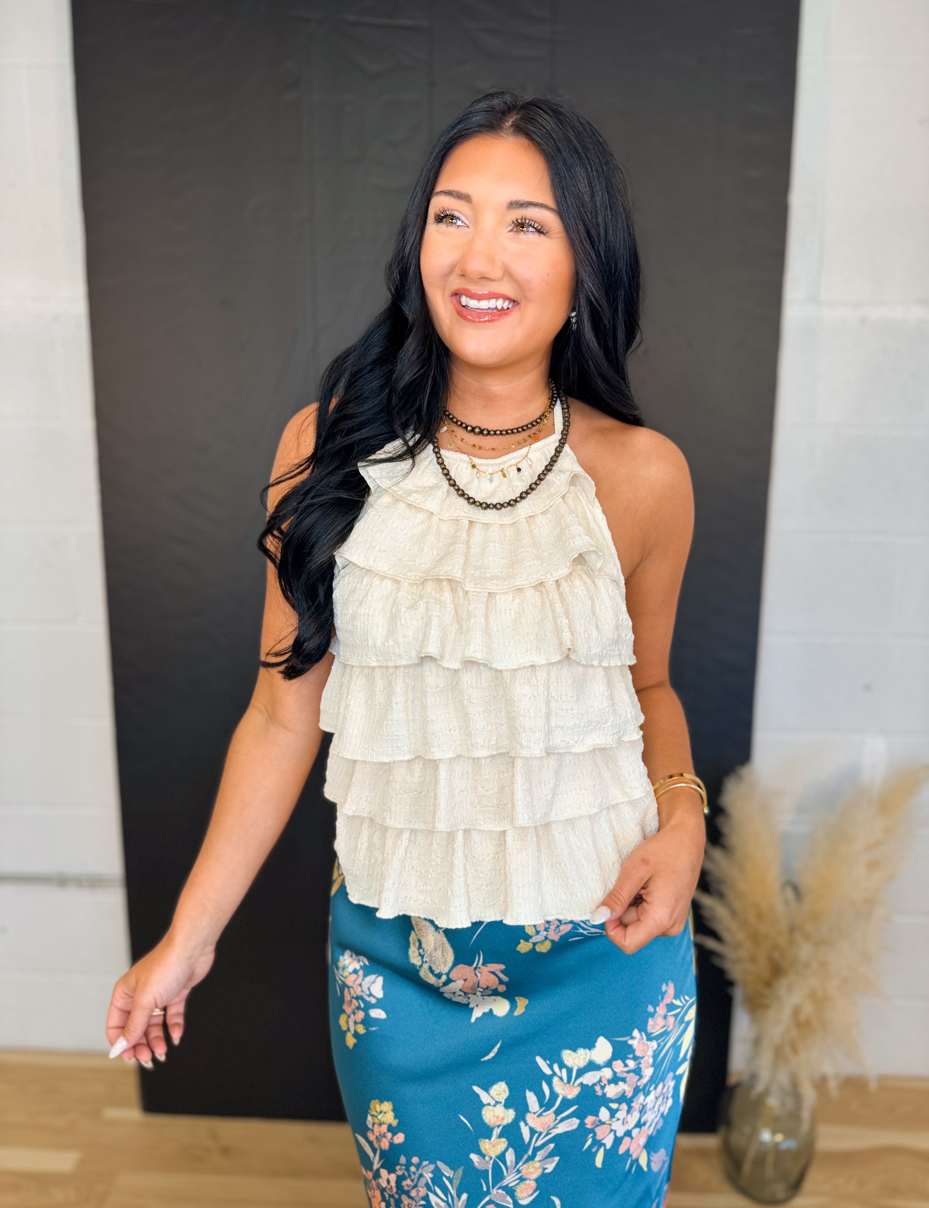 Tiered Ruffle Textured Knit Halter Top - Natural - Lace and Grace Boutique