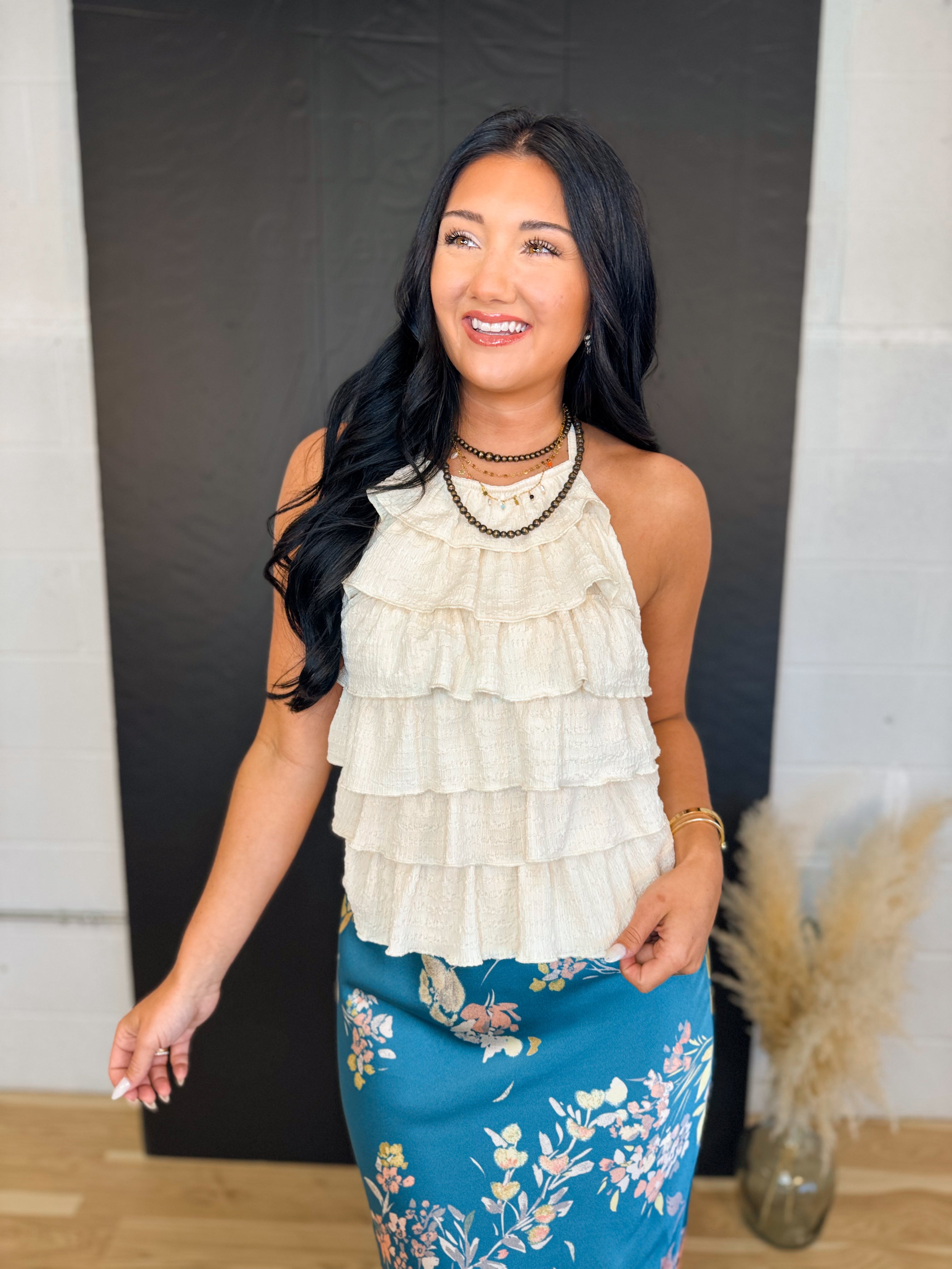 Tiered Ruffle Textured Knit Halter Top - Natural - Lace and Grace Boutique