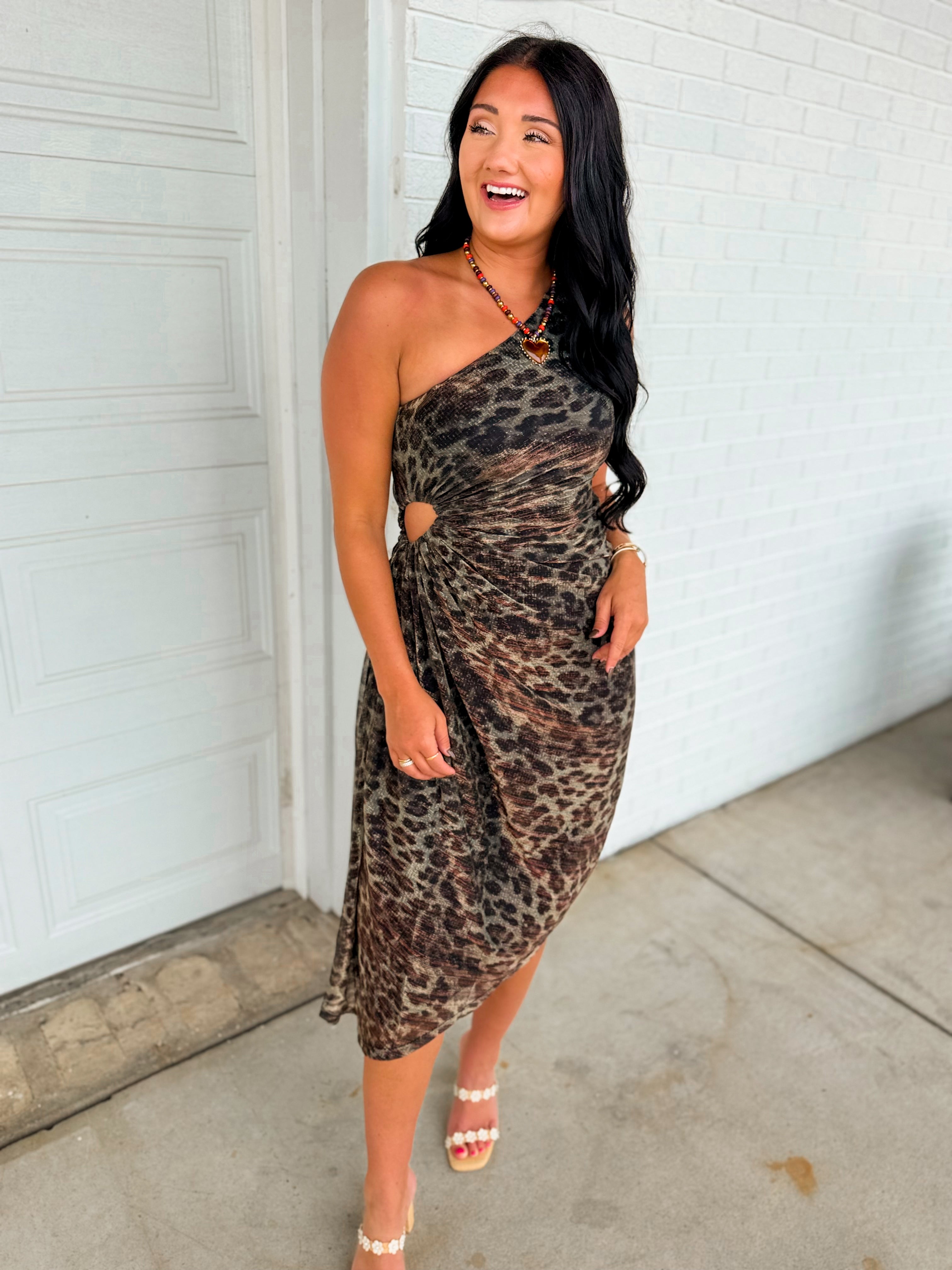 Leopard Printed Asymmetrical Midi Dress - Moonlight - Lace and Grace Boutique