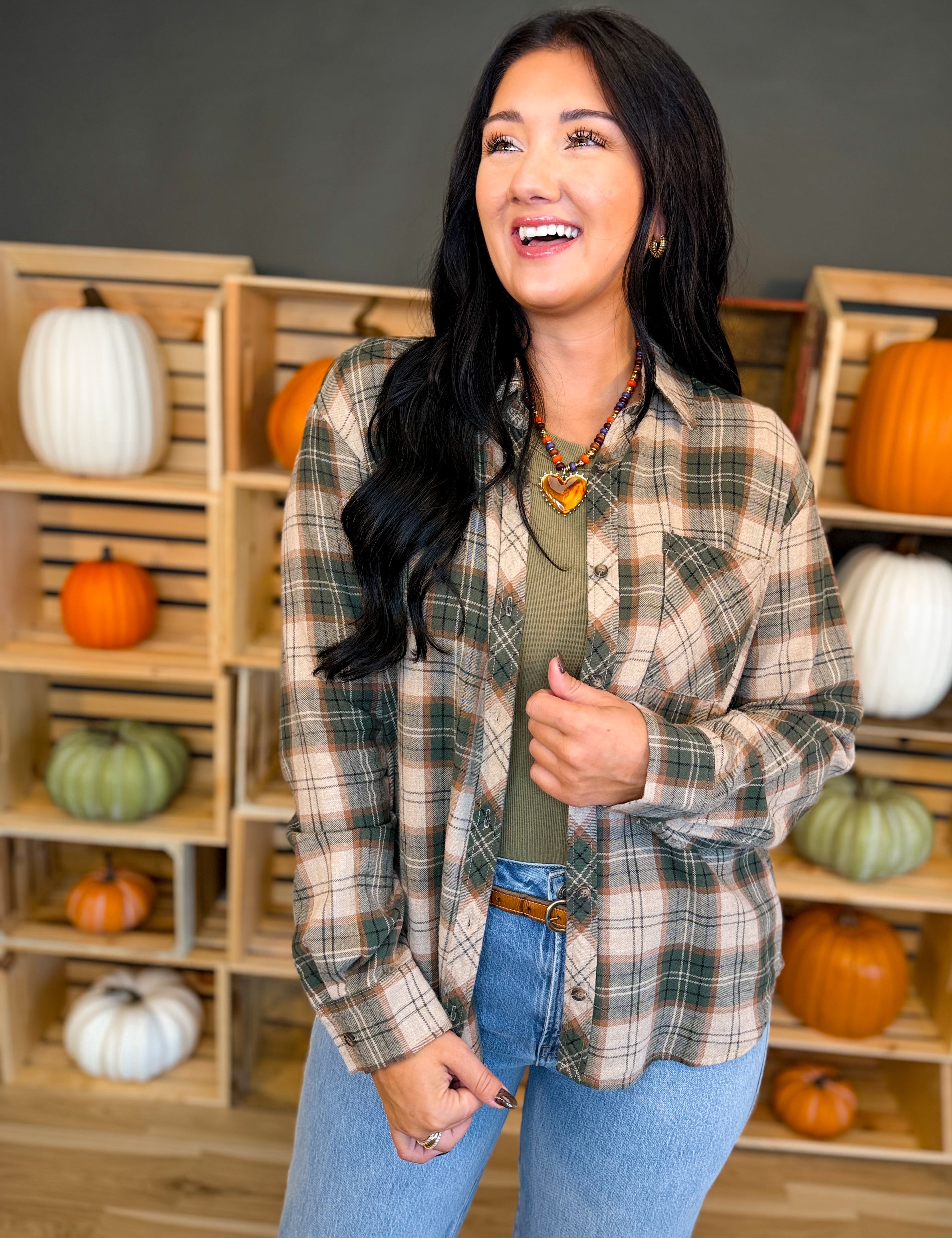 Oversized Plaid Flannel Shirt - Hunter - Lace and Grace Boutique