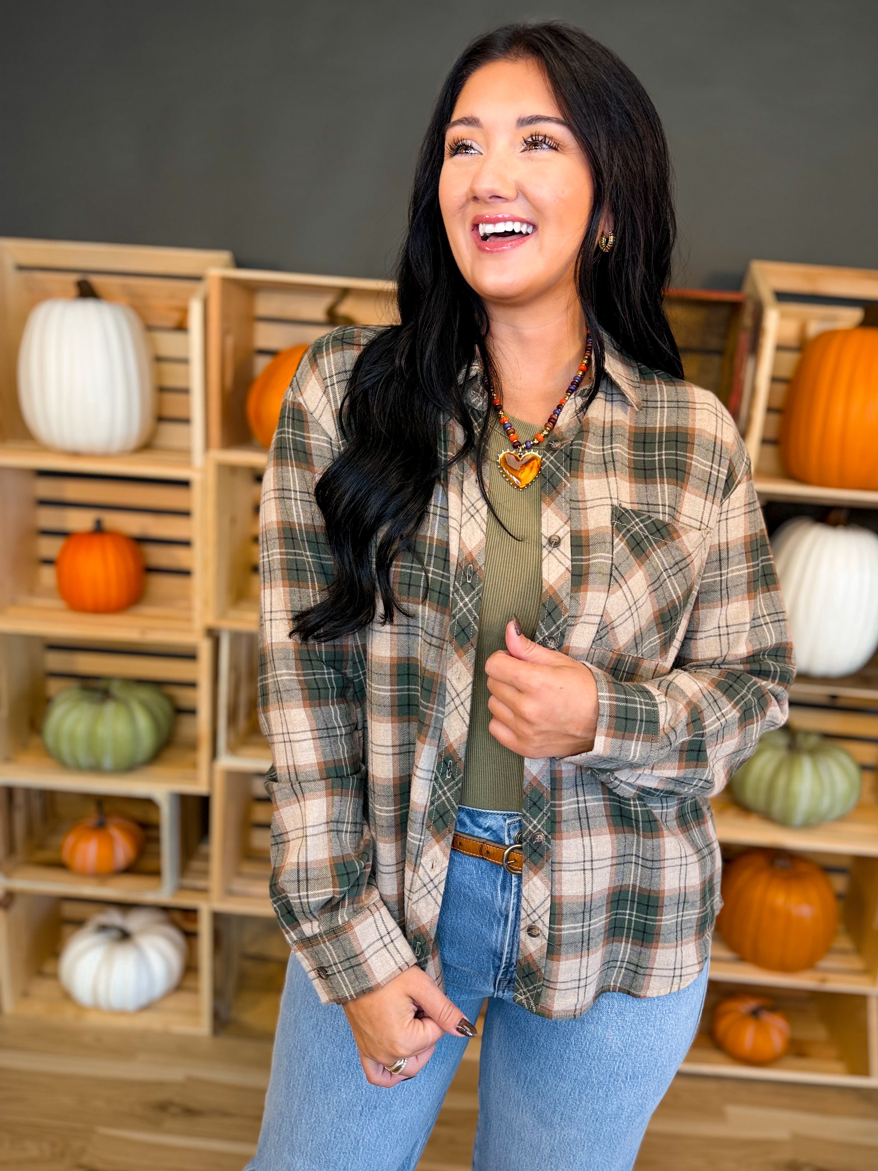 Oversized Plaid Flannel Shirt - Hunter - Lace and Grace Boutique