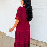 Lace Trim Front Tie Tiered Maxi Dress - Bordeaux