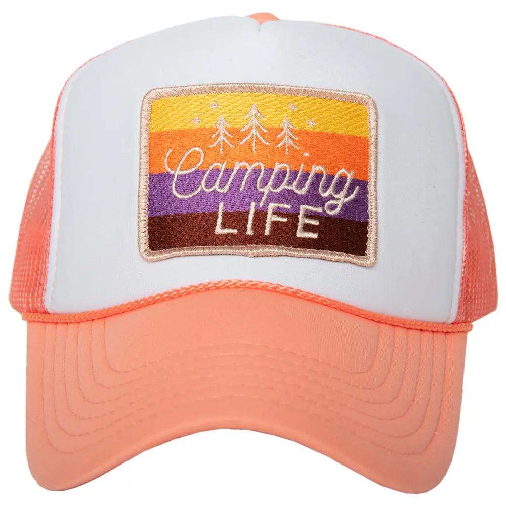 Camping Life Patch Foam Trucker Cap - Coral/White - Lace and Grace Boutique