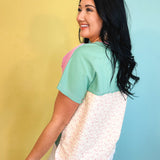 Mineral Washed Color Block Knit Pullover - Candy Pink/Sage - Lace and Grace Boutique
