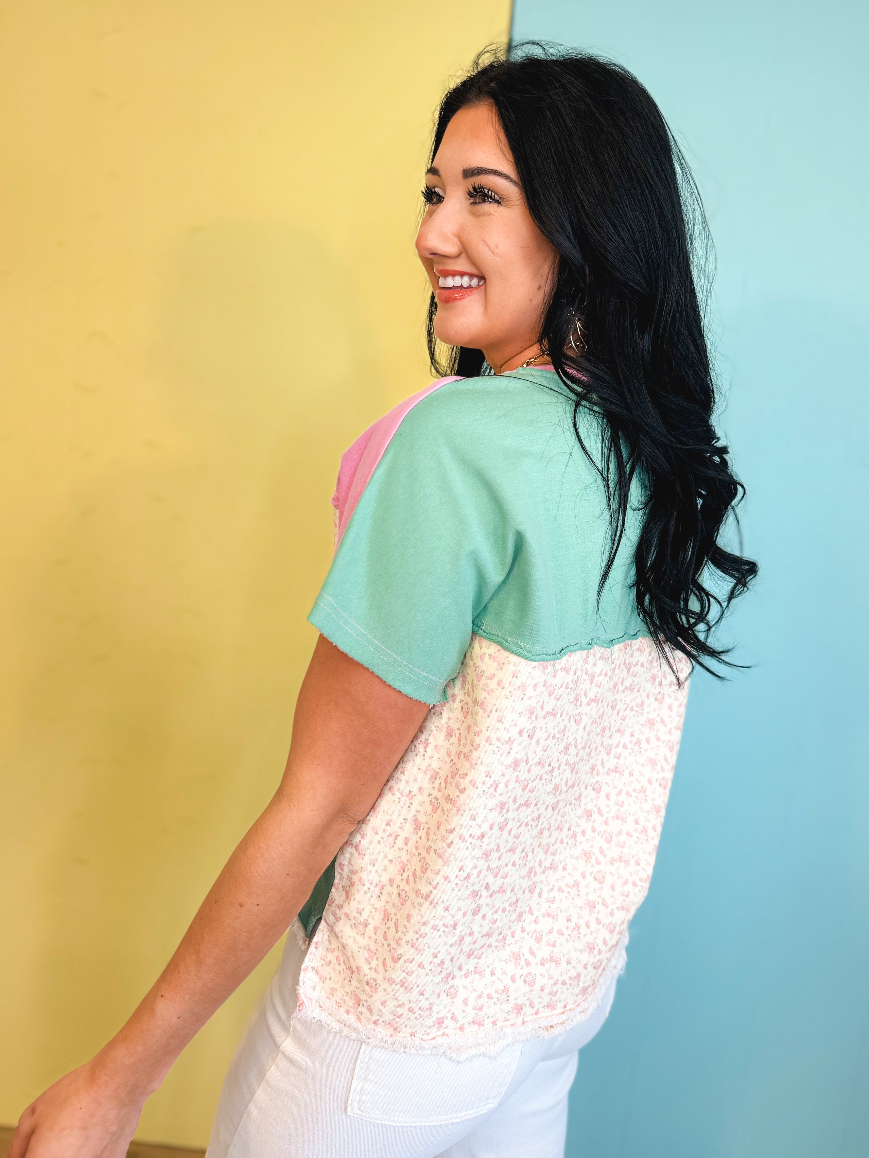 Mineral Washed Color Block Knit Pullover - Candy Pink/Sage - Lace and Grace Boutique