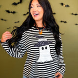 Halloween Ghost Patch Striped Long Sleeve Top - Black/White