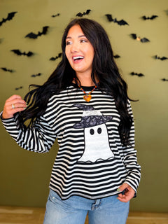 Halloween Ghost Patch Striped Long Sleeve Top - Black/White - Lace and Grace Boutique
