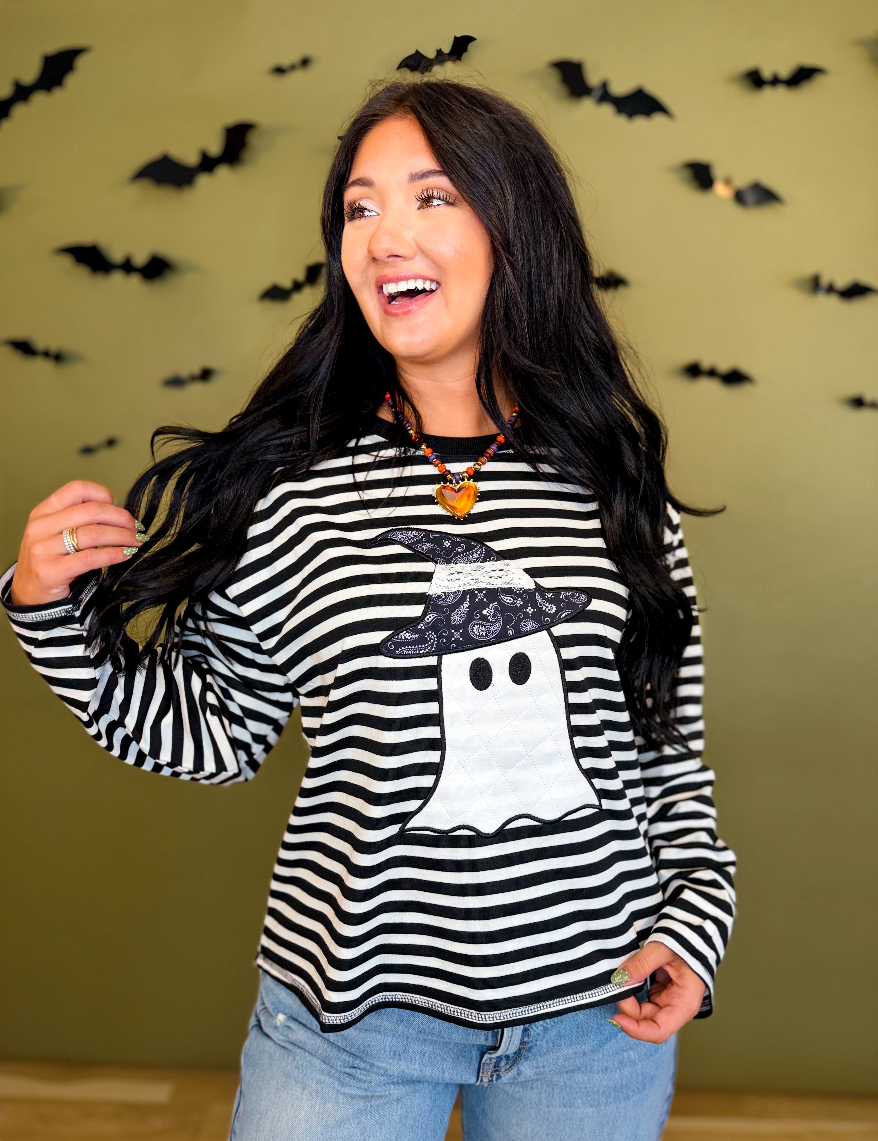 Halloween Ghost Patch Striped Long Sleeve Top - Black/White - Lace and Grace Boutique